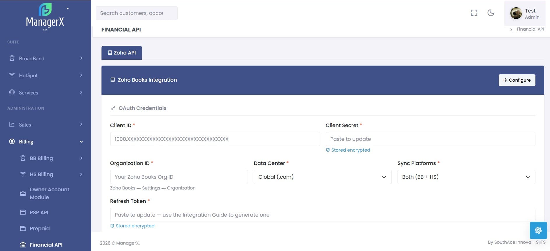 Zoho Books integration configuration in ManagerX